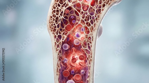 Detailed cross-section illustration of human bone marrow showing various blood cells and the intricate spongy bone structure.