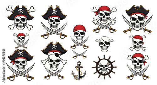 Collection of pirate skull and crossbones emblems with crossed swords and sailor hats for nautical and adventure themed designs.