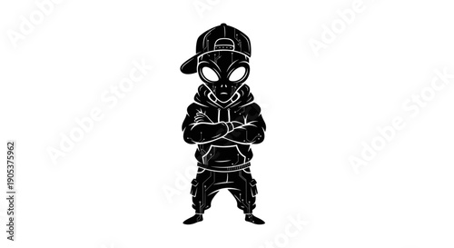 Stylized Alien Character in Hoodie and Cap.