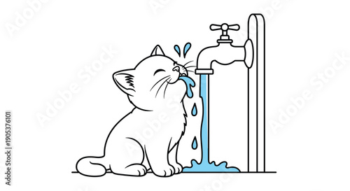 Cute line art illustration of a small white kitten sitting and drinking fresh water flowing from a kitchen or garden faucet.