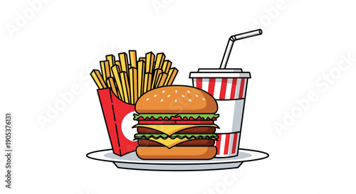 Classic fast food meal featuring a double cheeseburger with french fries in a red carton and a soda cup on a white plate.