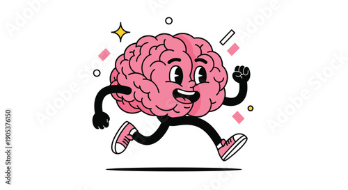 Energetic pink brain character with arms and legs wearing sneakers and running quickly to represent mental fitness.