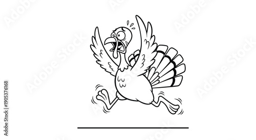 Panic-stricken cartoon turkey character with wide eyes and flapping wings running away on a white background.