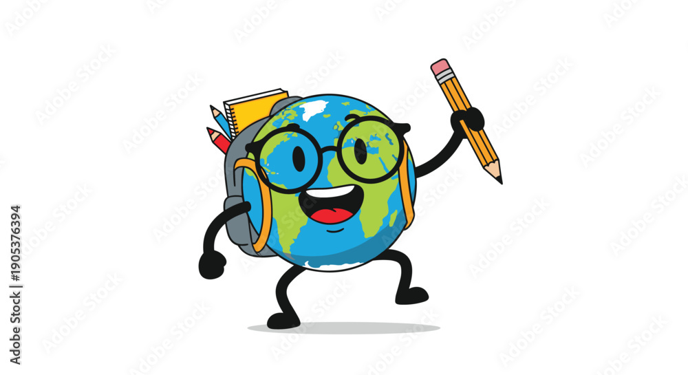 Fototapeta premium Cute planet earth character wears glasses and a backpack while holding a yellow pencil to represent global education and learning.