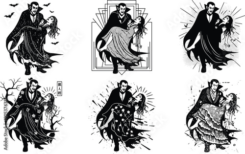 Classic Vampire Carrying Woman Silhouette, Horror Gothic Romance, Black and White Vector Illustration.