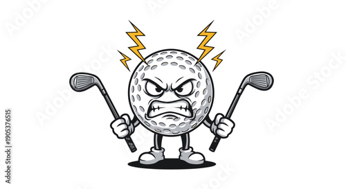 Angry golf ball character with an aggressive expression holds two golf clubs and has yellow lightning bolts above its head.