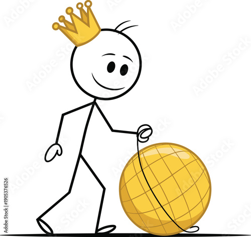 Cartoon stick figure king wearing gold crown walking golden planet earth on leash like pet, representing world power, global dominance, control and authority concept.
