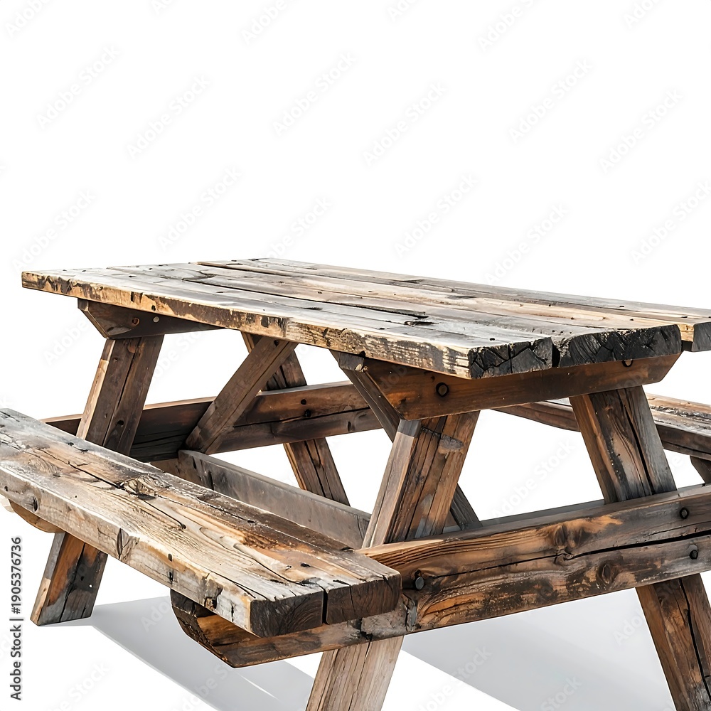Fototapeta premium Weathered wooden picnic table isolated on white background