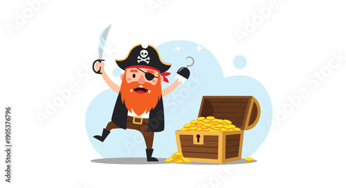 Joyful pirate character with a hook hand and cutlass celebrates next to an open treasure chest overflowing with gold coins.