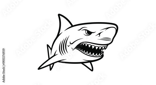 Powerful black and white line art illustration shows a shark with sharp teeth and an aggressive facial expression.