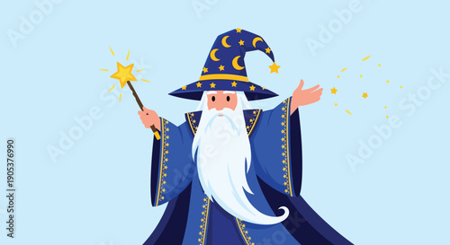 Whimsical cartoon wizard wearing a blue starry hat and robe casts glittering golden sparkles from a magic wand against a light blue background.