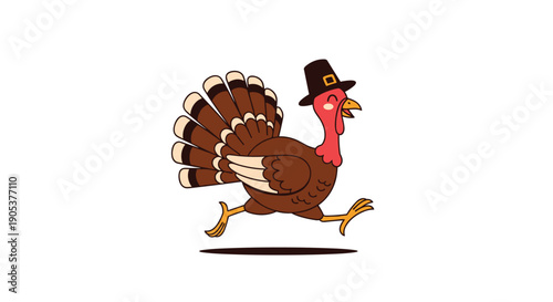 Cheerful cartoon turkey with brown feathers and a red neck wearing a black pilgrim hat while running excitedly across a plain white surface.