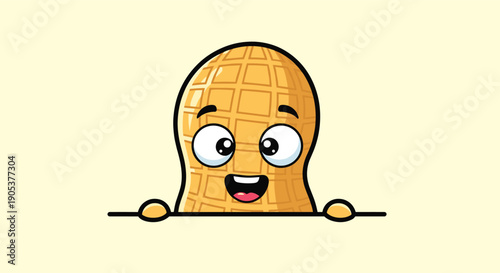 Cute peanut character with large expressive eyes and a happy smile peeks over the edge of a horizontal line against a soft yellow background.