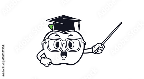 Surprised cartoon apple character wearing a graduation cap and glasses holds a teaching pointer in a simple black and white line art drawing.