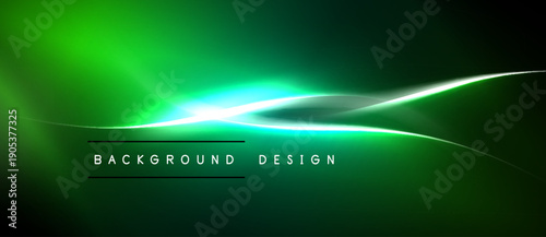 Abstract green background features flowing light waves. Dark edges frame vibrant central glow, text reads background design. Smooth gradients create dynamic visual effect.