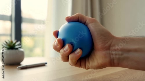 Hand holding stress ball on desk in office background