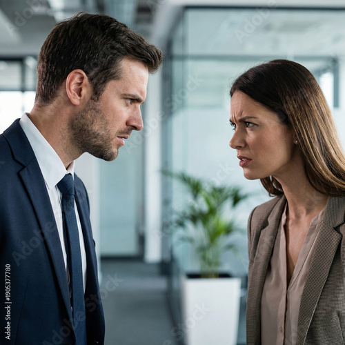 Business Colleagues in Heated Confrontation. Workplace Argument Between Professionals in Modern Office