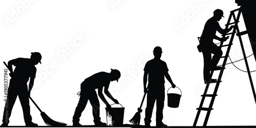 Cleaning and maintenance workers silhouettes illustration set, janitor staff performing sweeping washing painting tasks, ladder tools flat vector design