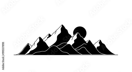 Stylized Black And White Mountain Range With Sun Silhouette.