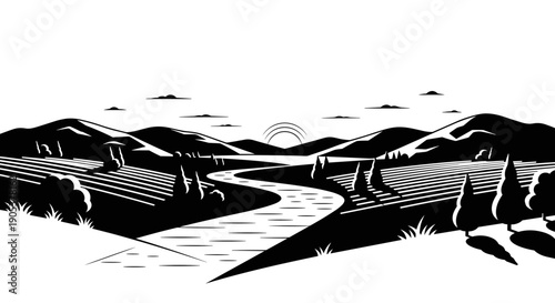 Stylized Black and White River Landscape with Hills.