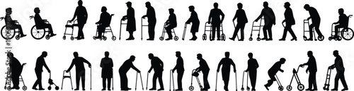Elderly people silhouettes using wheelchairs, walkers, canes and mobility aids, representing senior disability support, rehabilitation therapy, healthcare assistance and aging lifestyle vector