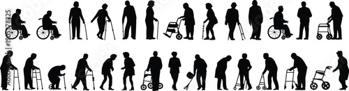 Elderly people silhouettes using wheelchairs, walkers, canes and mobility aids, showing senior disability support, rehabilitation, healthcare assistance and aging lifestyle vector