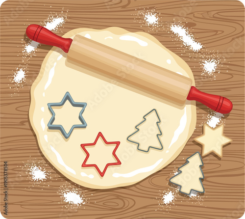 Rolling Dough with Holiday Cookie Cutters: Festive Baking Image for Christmas and Winter Celebrations