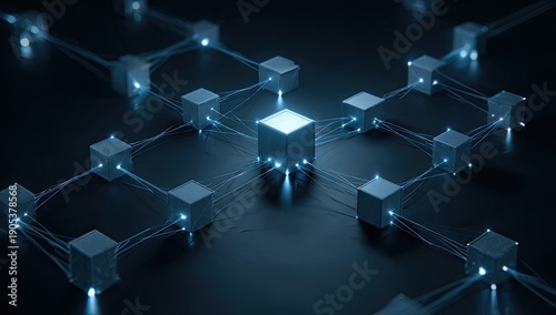 A network of interconnected glowing cubes, representing a decentralized and secure digital system