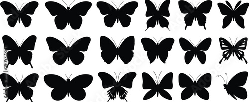 Elegant butterfly silhouette collection showcasing diverse wing patterns, natural insect shapes, decorative symmetry and detailed vector designs for creative graphic artwork