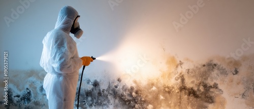 Panel kuchenny z motywem Professional mold remediation technician spraying disinfectant on fungal wall, wearing protective costume for home indoor sanitation service with copy space