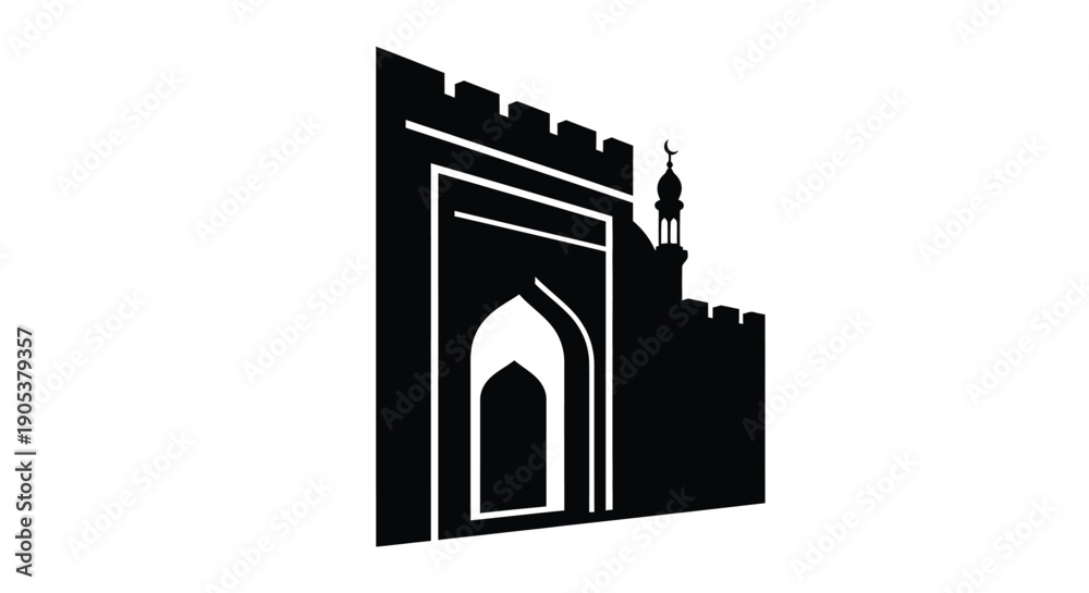 Fototapeta premium Islamic Fortress Gate with Minaret Silhouette in Black and White