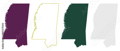 Mississippi State Outline Variations in Purple, Yellow, Green, and Dots