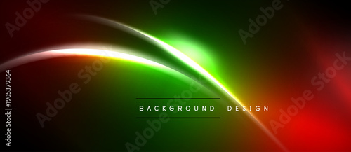 Abstract neon lights create vibrant curves. Green dominates center, red edges frame black space. Text reads background design.