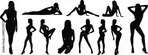 Elegant female silhouette collection featuring standing seated and reclining poses for fashion design beauty illustration modeling reference and creative artwork