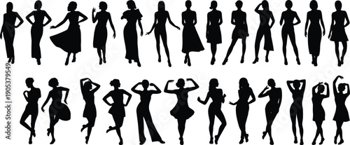 Elegant female silhouettes displaying fashion poses, graceful movements, stylish dresses and expressive body shapes for modeling, lifestyle and creative vector illustration design