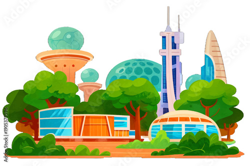 Futuristic city skyline representing a visionary business future, featuring advanced skyscrapers, innovative urban design, and high-tech architecture illustrated in a detailed flat style