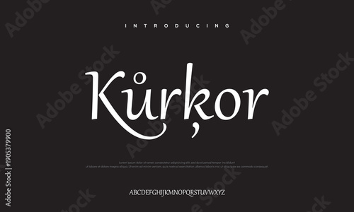 Elegant Script: A stylized script typeface showcases the word Kürkor, designed with artistic flair and smooth curves. It is displayed against a dark backdrop.