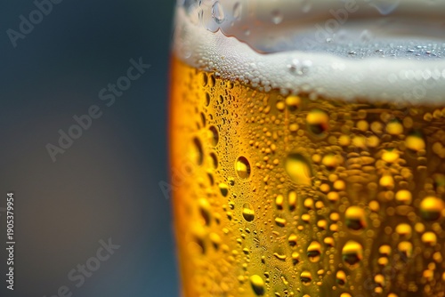 Macro shot of golden beer in glass with frothy foam