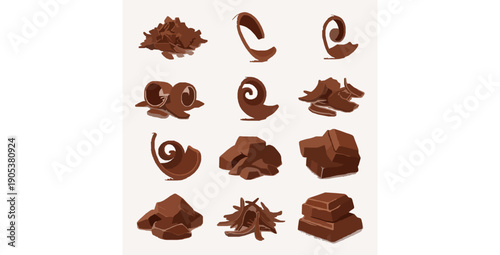 Realistic chocolate shavings and chunks 3D vector ingredient set