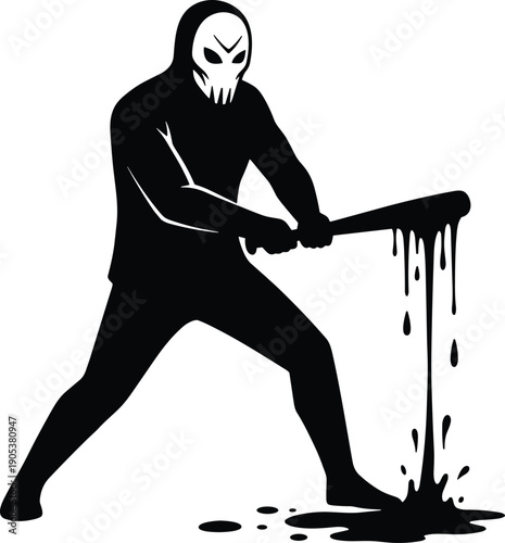 Masked Killer Silhouette Holding Blood-Dripping Baseball Bat, Horror Movie Concept Vector