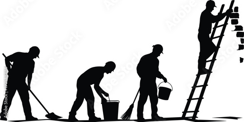 Construction and cleaning workers silhouettes illustration set, maintenance staff sweeping washing and repairing wall tasks with ladder flat vector design
