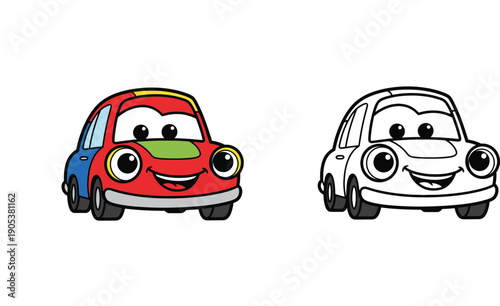 Cute cartoon car character vector illustration set including coloring book page. Happy smiling automobile mascot isolated on white background for kids education and fun.