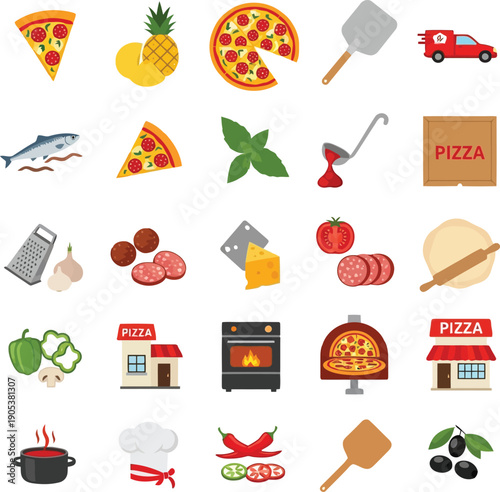 Creative Pizza Icons and Illustrations for Culinary and Restaurant Designs