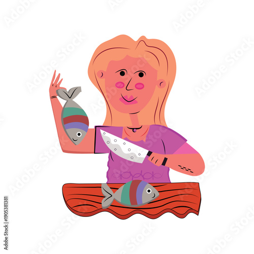 Woman Preparing Fish Cooking and Seafood Cartoon Sticker Vector