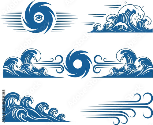 Stylized Blue Ocean Waves and Cyclone Illustrations for Graphic Design Projects