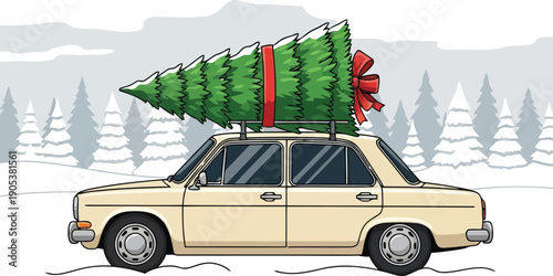 Vintage Car with Christmas Tree on Roof in Winter Wonderland Scene