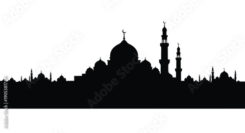 Islamic city skyline silhouette with mosque and minarets at dusk