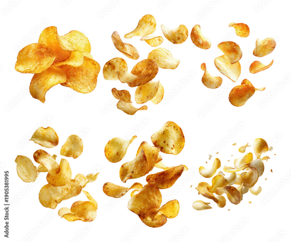 Fototapeta premium Crispy Potato Chips Scattered on White Background
