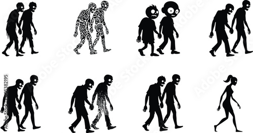 Walking Zombie Silhouette Design Set, Horror Undead Halloween Tattoo, Black Vector Illustration.