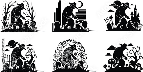 Witchy Gravedigger Dark Art Illustration Set, Spooky Halloween Horror Concept, Black and Blue.